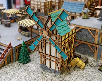 Medieval MDF House with Removable Roof and Windmill - Monkey City Scenery for Role Playing and Wargames