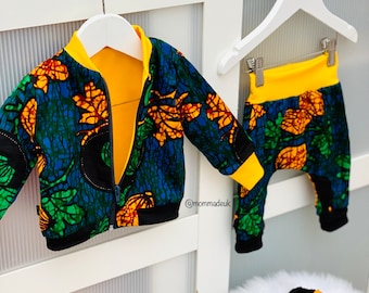 The &quot;ROGAN&quot; vintage Ankara baby bomber Jacket and harem pant for boys, blue - 0-5 years , african print for kids.