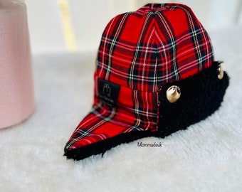 Christmas hat /Tartan winter hat /gold button /toddler hat / Christmas gift /Christmas Plaid /gift for girls / Christmas Party/ MommadeUK