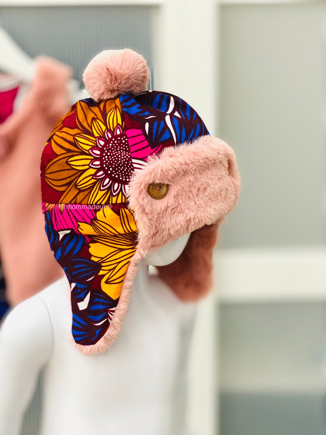 Pom-pom Mommadeuk satin lined winter bomber hats / african print and Sherpa fur / Adinma  cosy winter hats / fur hat / pink hat