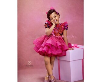 My african princess “FEYI” dress / a Mommadeuk Original / made to order /  flower girl Dress made/ ankara dress / tulle party dress pink