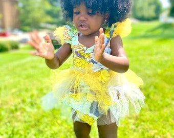 My african princess special “Luna” yellow romper dress  with bow / Mommadeuk / made to order / flower girl Dress