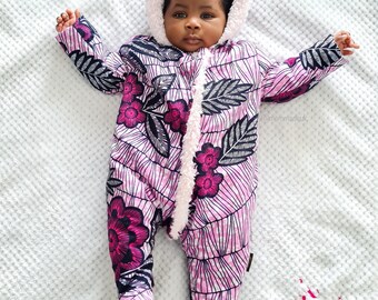 Ankara pramsuit with Sherpa fur baby pramsuit with hoodie  - 9-24m , pink / african print for kids / MommadeUK / feet option