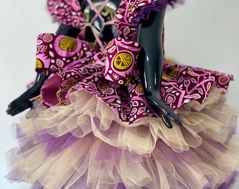 My african princess special “NARA” dress with bow and bloomers / Mommadeuk / made to order / flower girl Dress /GOLD & purple
