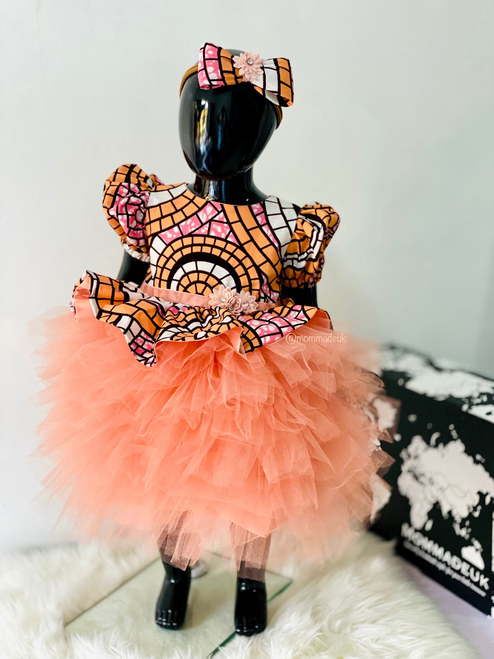 My african princess customised Abiola ankara peplum peach tulle dress with bow bloomers Mommadeuk peach african print 0 5yrs