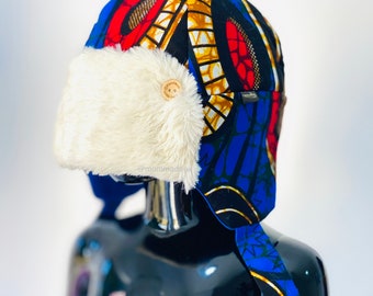 Mommadeuk satin lined winter bomber hats / african print and Sherpa fur / koki cosy winter hats / fur hat / fully lined 0-3m