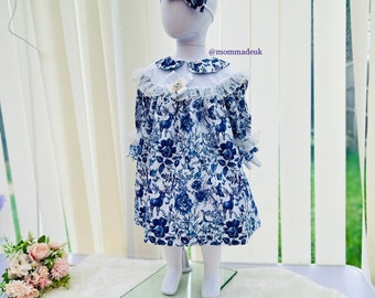 woodland Christmas, Liberty dresses, girls outfit/Blue and white porcelain print dress / classic french toile / Handmade Blue Cotton dress