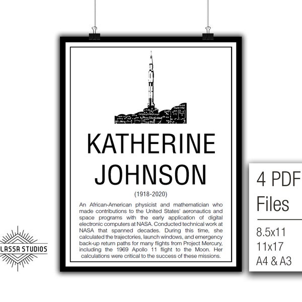 Math Poster,  Printable Poster, Maths, Education. Mathematicians, Katherine Johnson