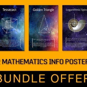 May include: A bundle offer for 12 mathematics info posters. The posters feature a tesseract, a golden triangle, and a logarithmic spiral against a starry night background. The text "12 MATHEMATICS INFO POSTERS BUNDLE OFFER" is displayed in yellow.