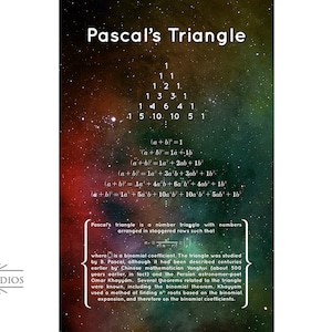 Puede incluir: Una ilustración colorida del Triángulo de Pascal, un concepto matemático, sobre un fondo de cielo estrellado. La imagen incluye la fórmula para calcular los coeficientes binomiales y una descripción de la historia y las aplicaciones del triángulo.
