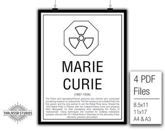 Marie Curie, wetenschapsposter, afdrukbare poster, wetenschap, onderwijs, wetenschapper