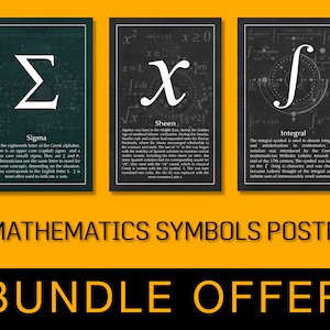 May include: A set of 11 printable posters featuring mathematical symbols, including Sigma, Sheen, and Integral. Each poster has a black or dark green background with white text and a white symbol in the center. The posters are part of a bundle offer.