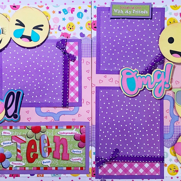 Teen Girl Layout Emoji OMG LOL, 2 premade scrapbook pages layout paper piecing Album ~Just Add Photos~ Die cuts 12 x 12 Page Scrappin Heaven