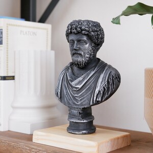 Puede incluir: Un busto de plata de un hombre con barba y pelo rizado sobre una base de madera. El busto est&aacute; en un estante con libros y una planta en maceta.