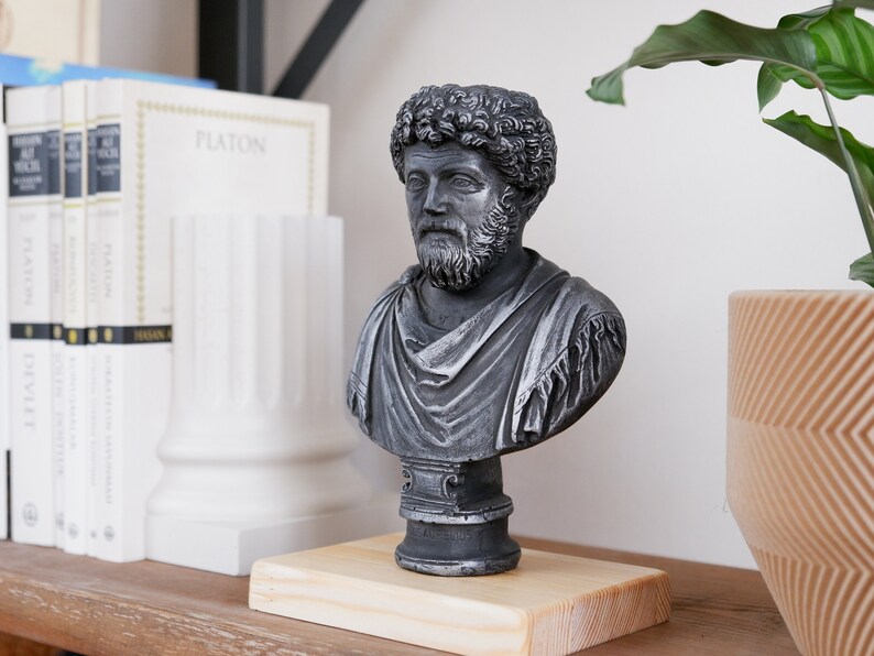 Puede incluir: Un busto de plata de un hombre con barba y pelo rizado sobre una base de madera. El busto est&aacute; en un estante con libros y una planta en maceta.
