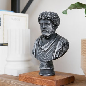 Puede incluir: Un busto de plata de un hombre con barba y pelo rizado sobre una base de madera. El busto est&aacute; en un estante con libros y una planta en una maceta.