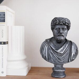 Puede incluir: Una escultura de busto gris de un hombre con barba y pelo corto. El busto est&aacute; sobre un pedestal negro con las palabras "MAGOS AUREL" inscritas en la parte delantera. El busto est&aacute; sentado en un estante de madera con un separador de libros blanco y un conjunto de libros detr&aacute;s.