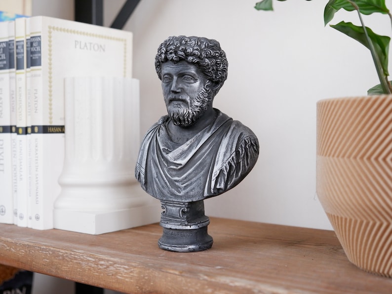 Puede incluir: Una escultura de busto de plata de un hombre con barba y cabello rizado. El busto est&aacute; sobre un pedestal y se exhibe en un estante de madera con libros y una planta en maceta.