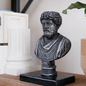 Puede incluir: Un busto de plata de un hombre con barba y pelo rizado. El busto est&aacute; sobre una base negra y se encuentra en un estante de madera con libros y una planta.