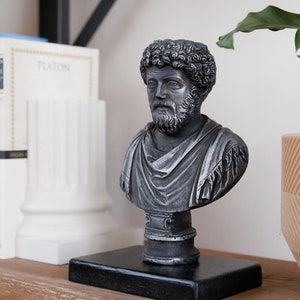 MARCUS AURELIUS STATUE, Philosopher Roman Emperor , Handmade Marble Powder Matte Black Wood