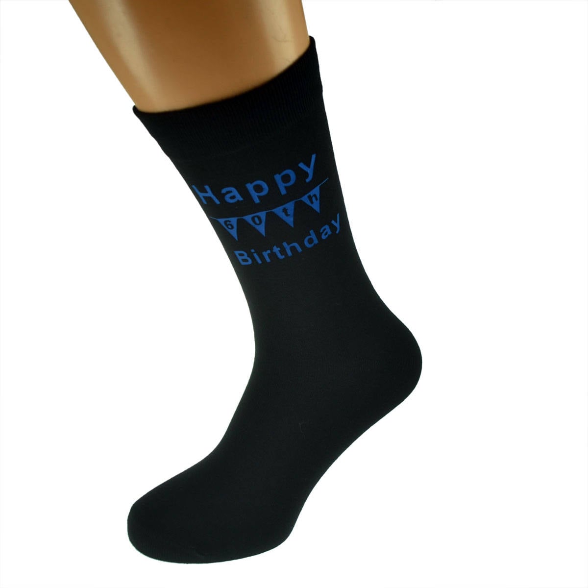 Image of Happy 60Th Birthday With Bunting Design Printed in Blue On Mens Black Socks Great Gift