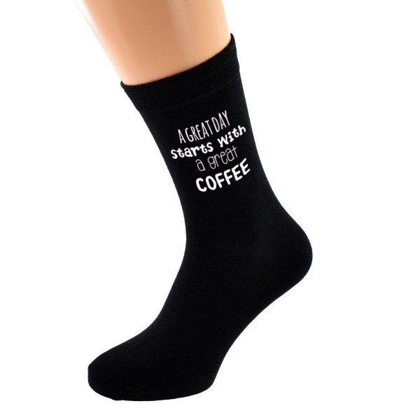 A Great Day Starts with a Great Coffee Printed in White Vinyl on Mens Black Cotton Rich Socks.   One Size, UK 8-12