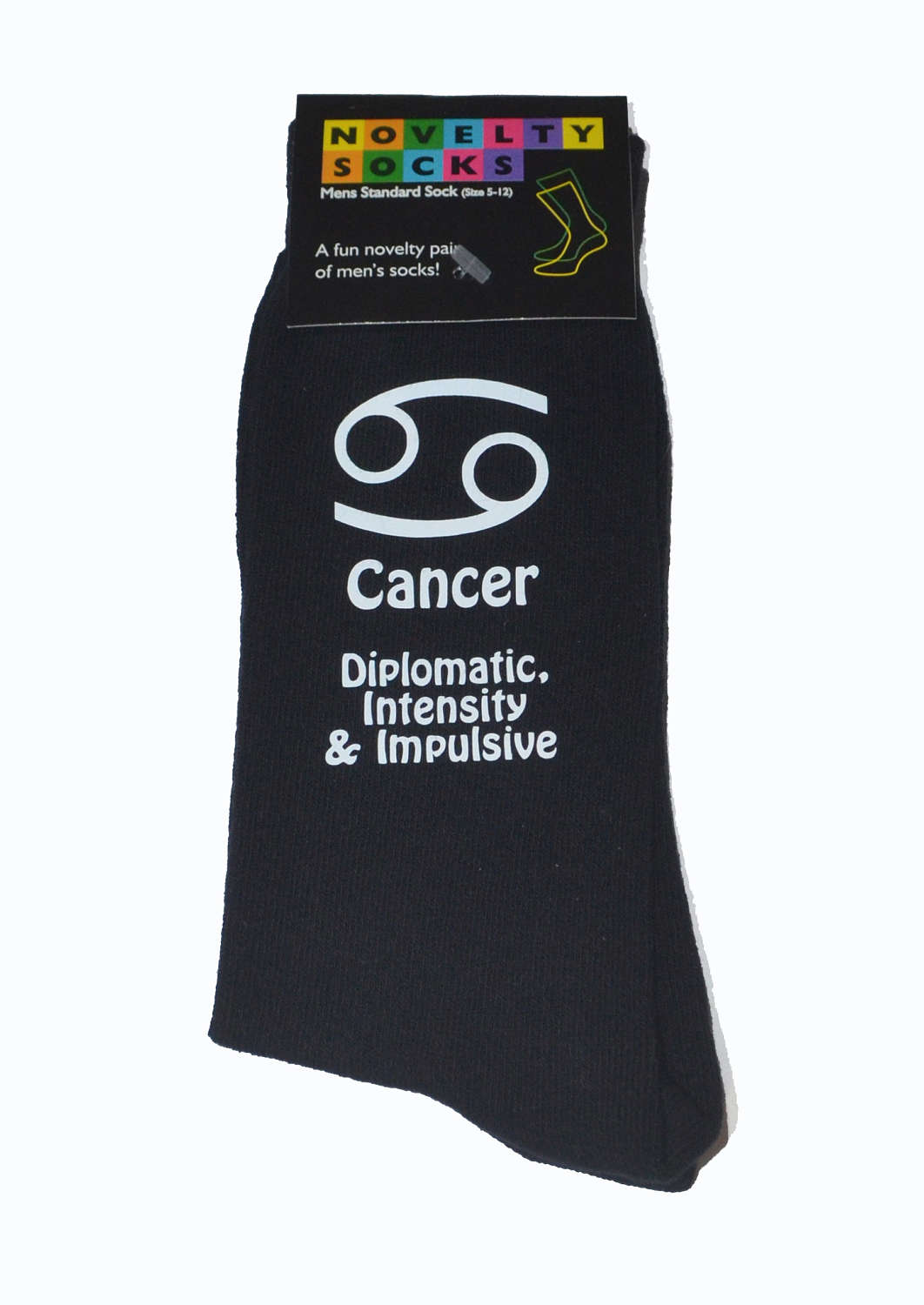 Image of Cancer Star Sign With Meanings Printed On Mens Black Socks June & July Birthdays