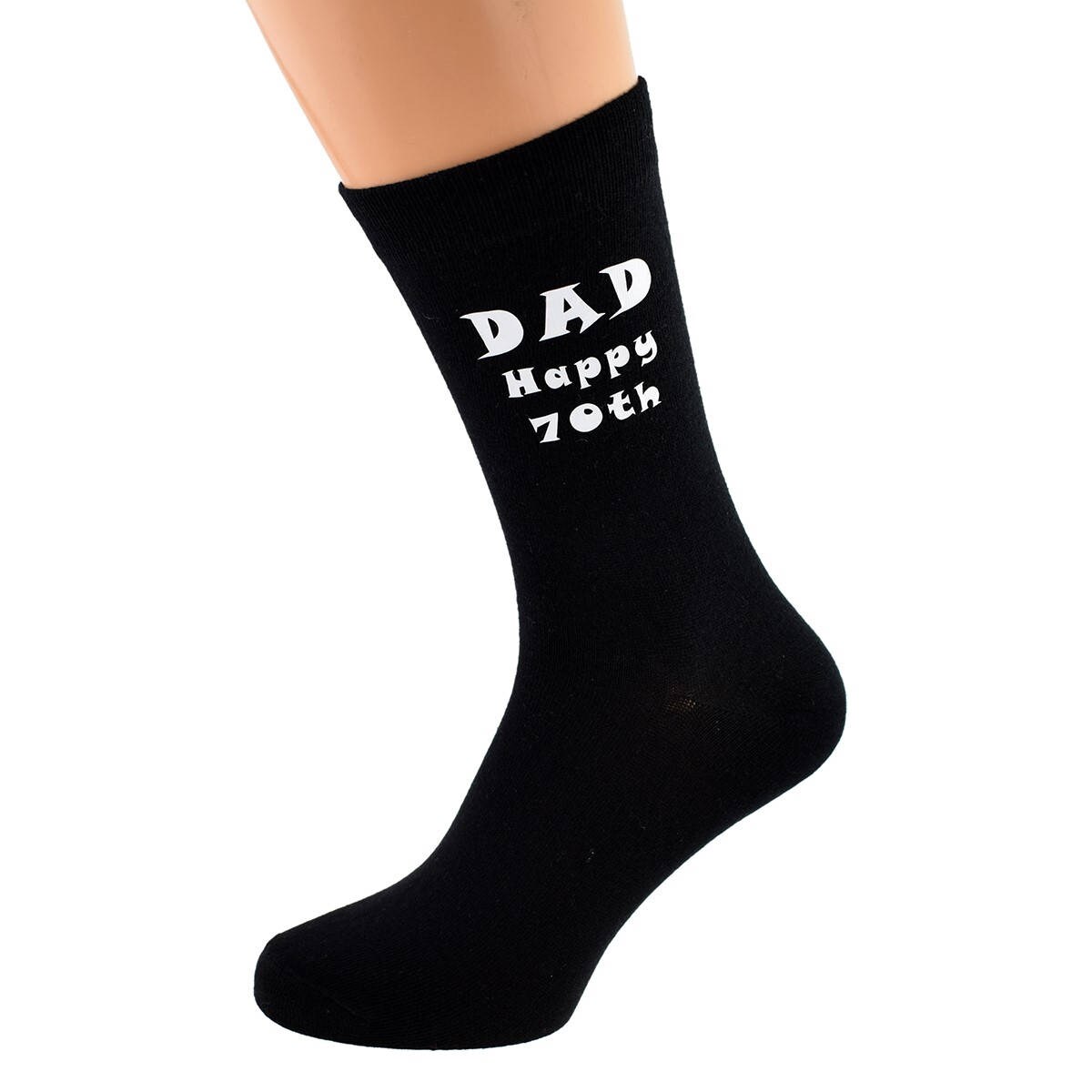 Image of Dad Happy 70Th Printed in White On Mens Black Socks Great Birthday Gift