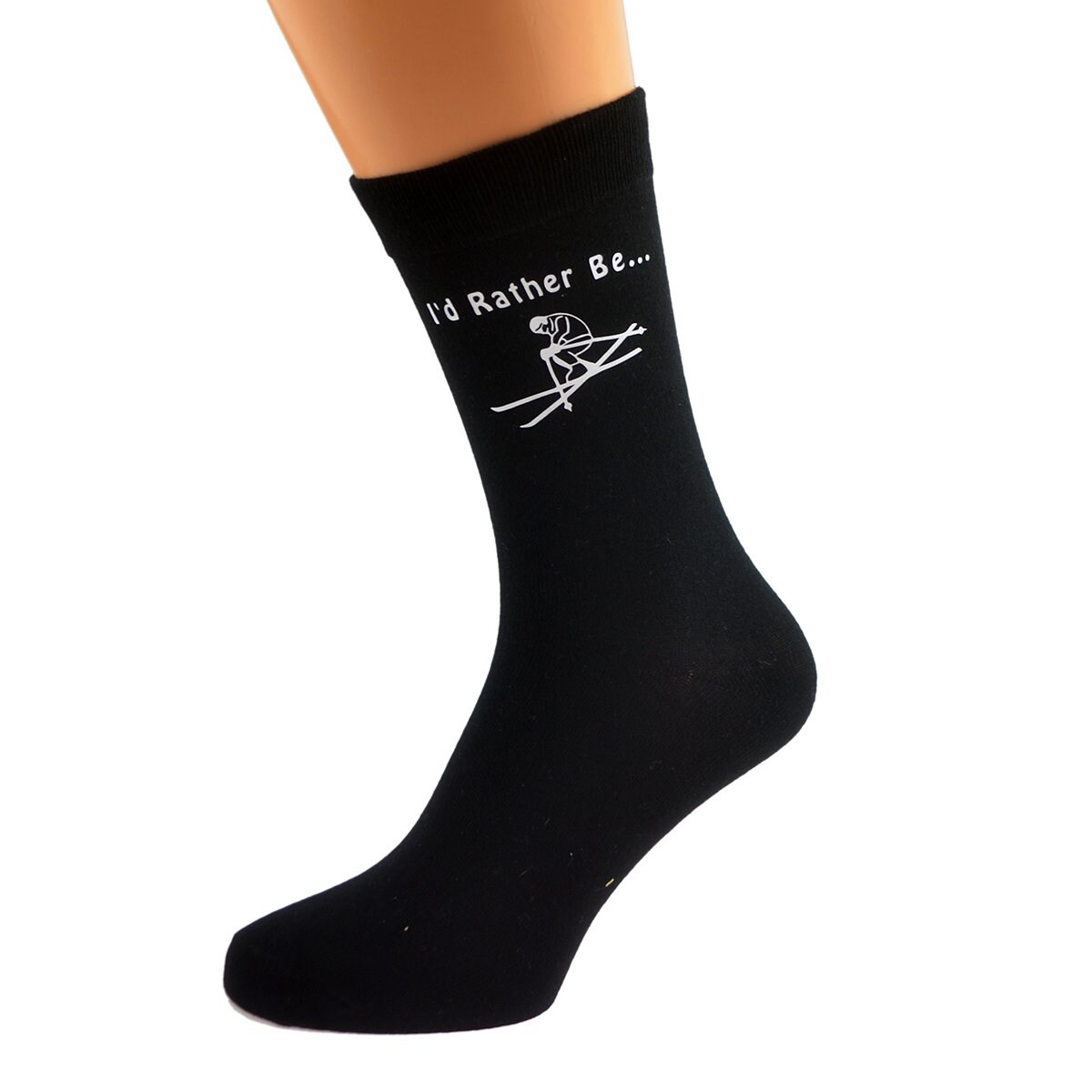 I’d Rather Be Skiing With Skier Image Printed in White Vinyl On Mens Black Cotton Rich Socks. One Size, UK 8-12