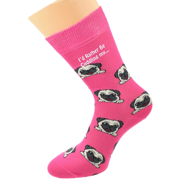 I'd Rather Be Cuddling my... Printed in White Vinyl with Pug Dog Image woven onto Ladies Hot Pink Cotton Blend Socks X6HL054