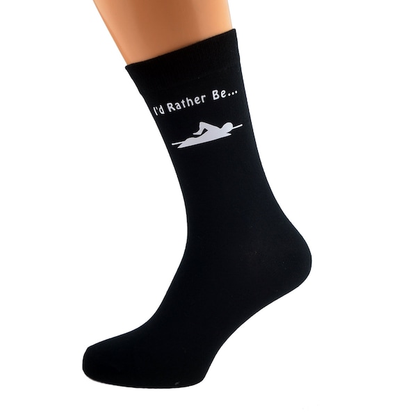 I'd Rather Be Swimming with Swimmer Image Printed in White Vinyl on Mens Black Cotton Rich Socks Great.   One Size, UK 8-12
