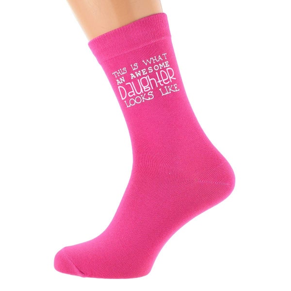 This is What An Awesome Daughter Looks Like Design printed in White Vinyl on Ladies Hot Pink Cotton Blend Socks Great Present