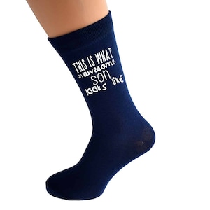 This is What An Awesome Son Looks Like Image Printed in White Vinyl on Mens NAVY BLUE Cotton Rich Socks Great.   One Size, UK 8-12