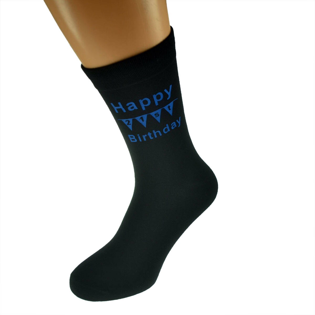 Image of Happy 21st Birthday With Bunting Design Printed in Blue On Mens Black Socks Great Gift