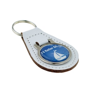White Bonded Leather & Metal I&#39;d Rather Be Sailing Boat Keyring