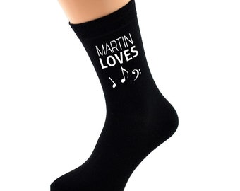 PERSONALISED NAME Loves Playing Music Note Image Printed in White Vinyl on Mens Black Cotton Rich Socks Great.   One Size, UK 8-12