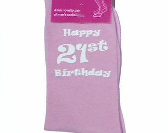 Happy 21st Birthday printed in White Vinyl on Ladies Pink Cotton Blend Socks. Great 21st Ladies Birthday Gift