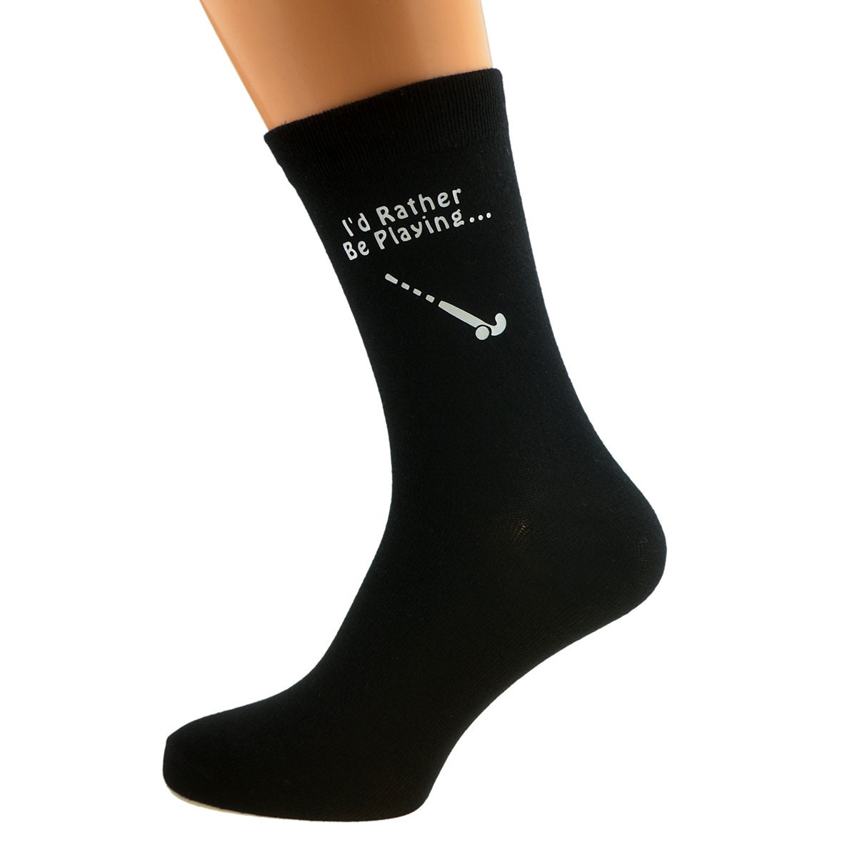 I’d Rather Be Playing Hockey With Stick Image Printed in White Vinyl On Mens Black Cotton Rich Socks Great. One Size, UK 8-12
