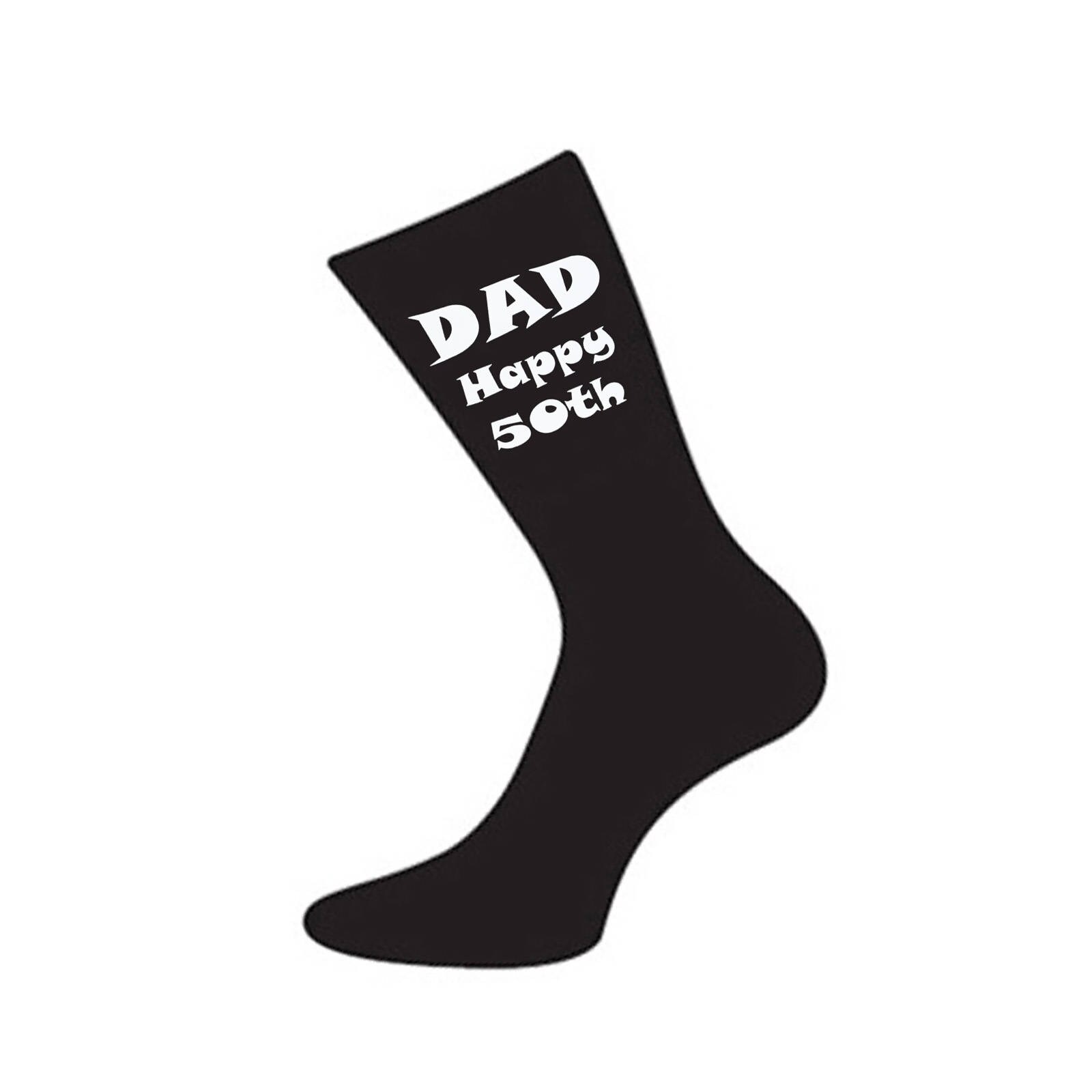 Image of Dad Happy 50Th Printed in White On Mens Black Socks Great Birthday Gift