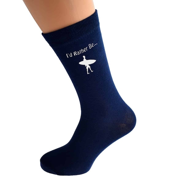 I'd Rather Be Surfing with Surfboard and Board Image Printed in White Vinyl on Mens NAVY BLUE Cotton Rich Socks Great.   One Size, UK 8-12
