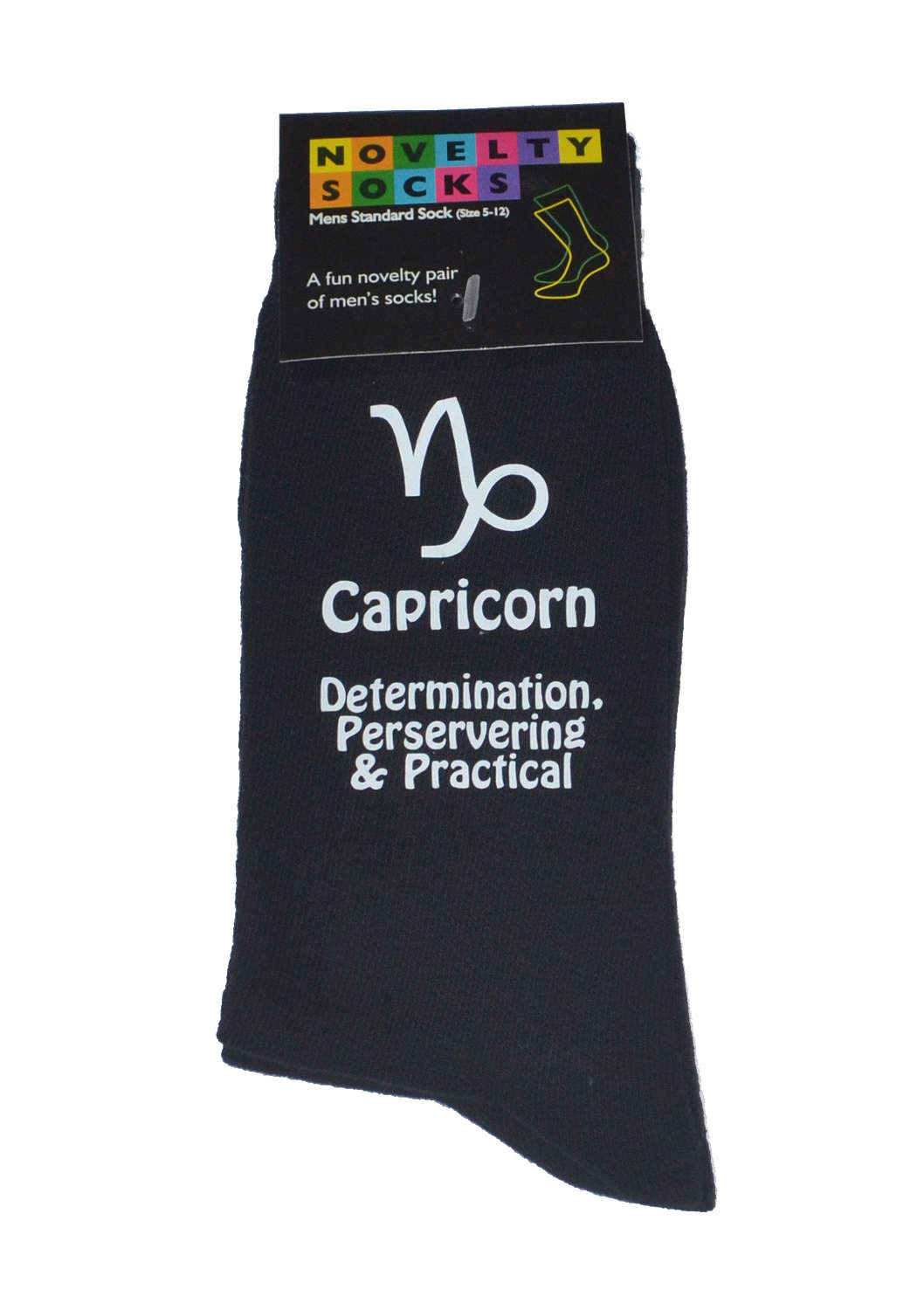 Image of Capricorn Star Sign With Meanings Printed On Mens Black Socks December & January Birthdays
