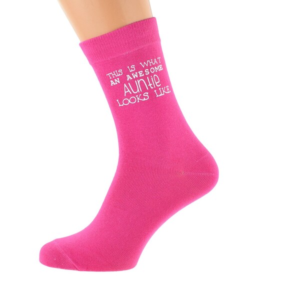 This is What An Awesome Auntie Looks Like Design printed in White Vinyl on Ladies Hot Pink Cotton Blend Socks Great Present