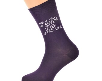 This is What An Awesome Sister Looks Like Design printed in White Vinyl on Ladies DEEP PURPLE Cotton Blend Socks Great Present