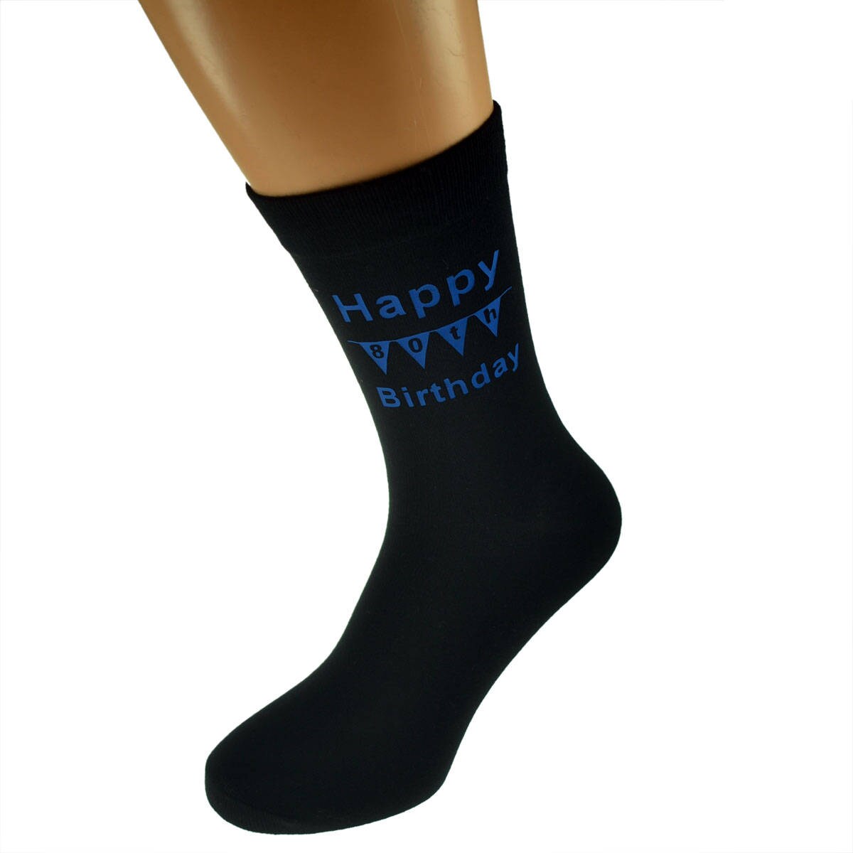 Image of Happy 80Th Birthday With Bunting Design Printed in Blue On Mens Black Socks Great Gift