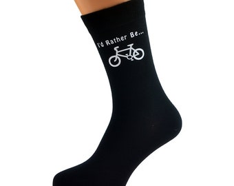 I'd Rather Be Riding Bicycle with Bike Image Printed Printed in White Vinyl on Mens Black Cotton Rich Socks Great.   One Size, UK 8-12