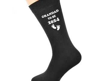 Grandad to Be 2024 with Footprint Design Printed in White Vinyl on Mens Black Cotton Rich Socks Great.   One Size, UK 8-12