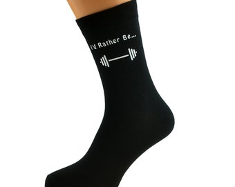 I'd Rather Be Weight Lifting with Dumbbell Image Printed in White Vinyl on Mens Black Cotton Rich Socks Great.   One Size, UK 8-12