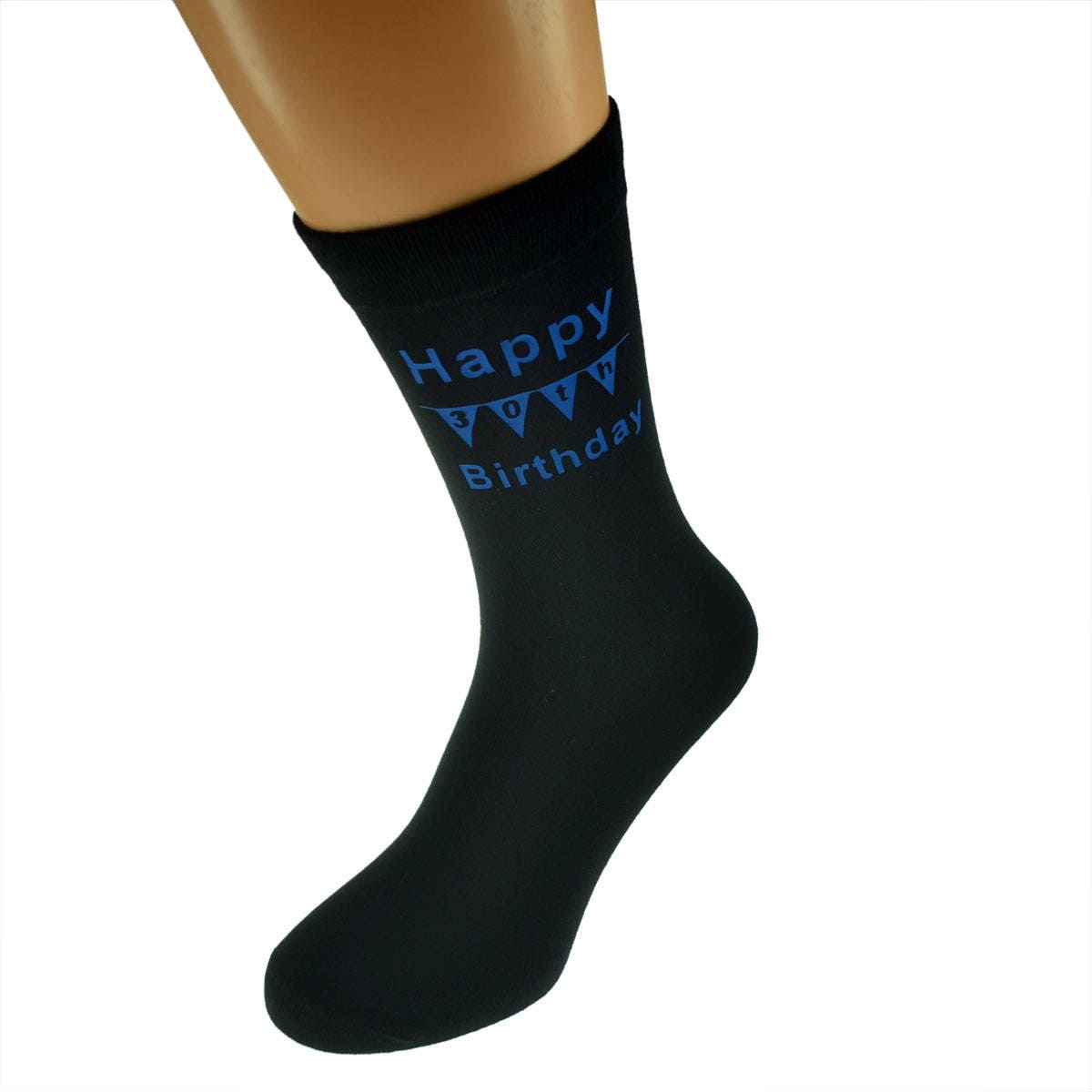 Image of Happy 30Th Birthday With Bunting Design Printed in Blue On Mens Black Socks Great Gift