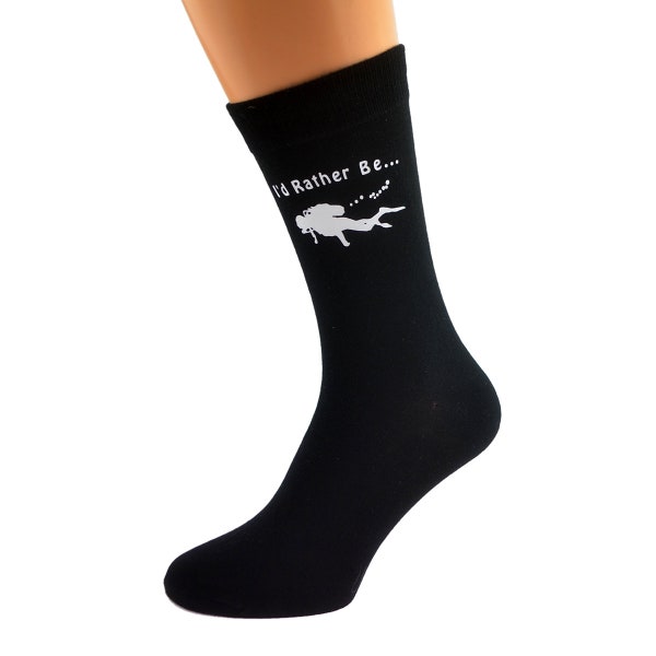 I'd Rather Be Diving with Scuba Diver Image Printed in White Vinyl on Mens Black Cotton Rich Socks Great.   One Size, UK 8-12