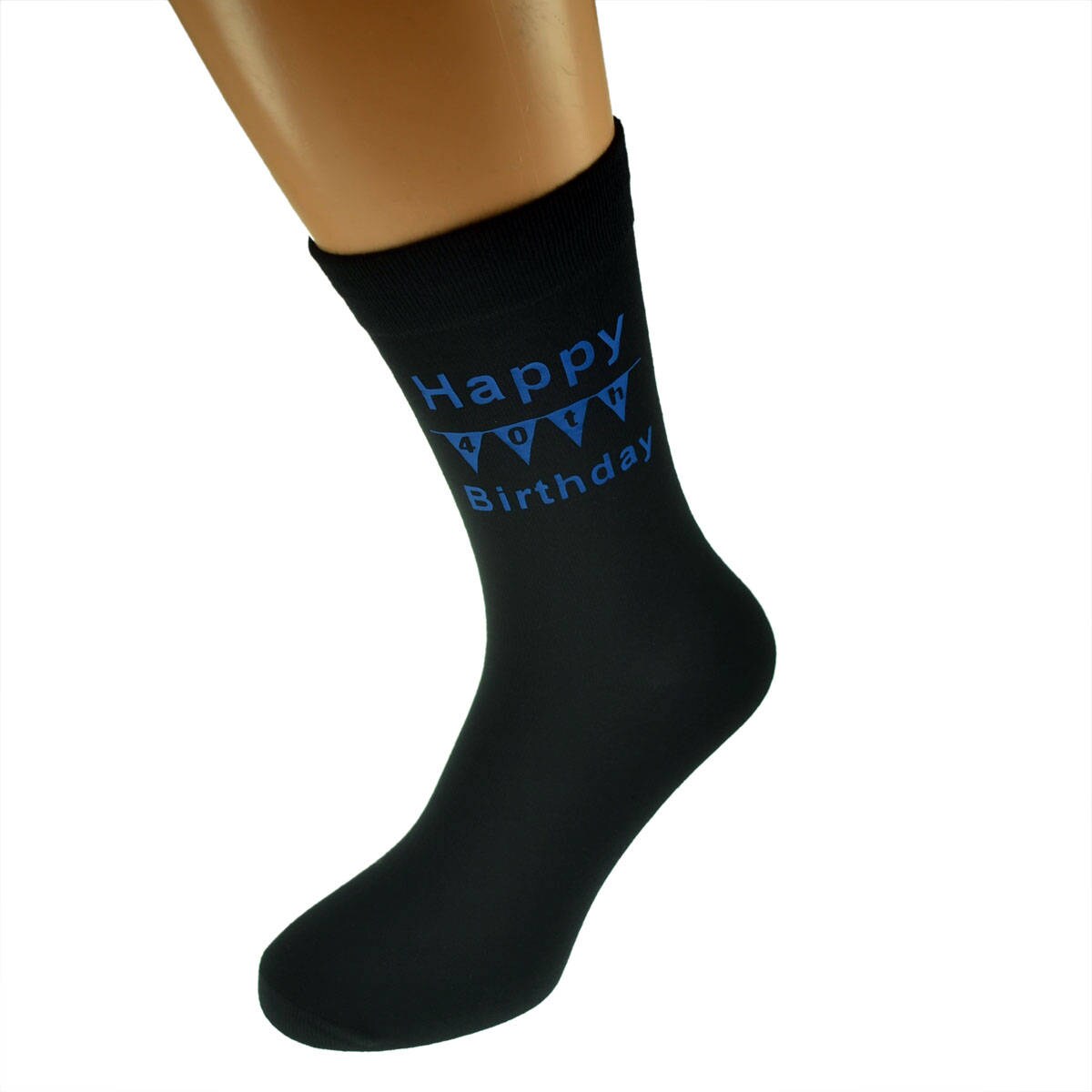 Image of Happy 40Th Birthday With Bunting Design Printed in Blue On Mens Black Socks Great Gift